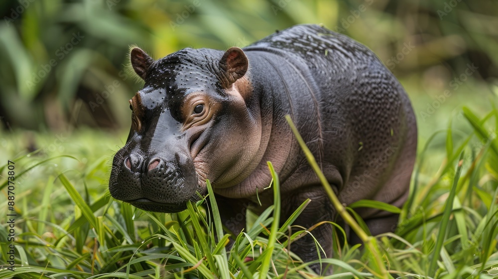 Fototapeta premium Baby Hippopotamus standing among the grass at rivers edge feeding