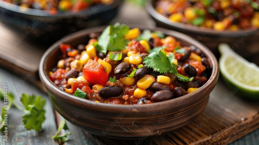 Bowls of delicious black bean and corn chili con carne ready for eating Bowls of delicious black bean and corn chili con carne ready for eating