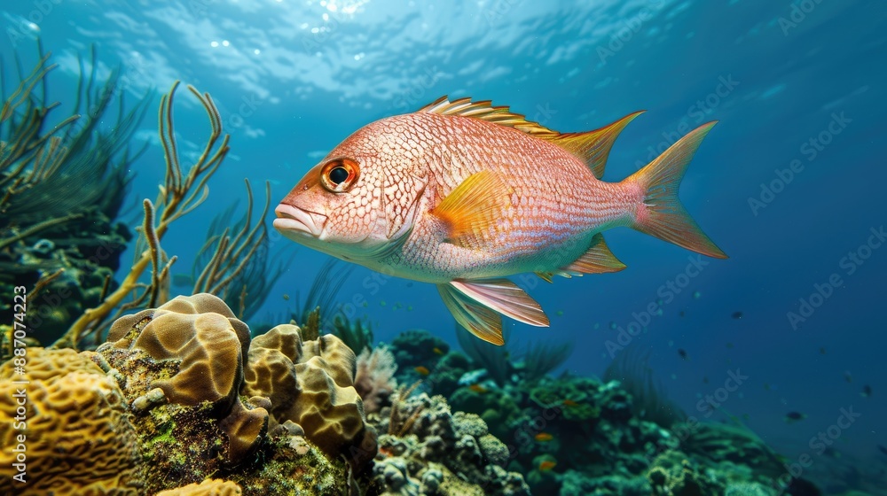 Naklejka premium Schoolmaster snapper on coral reef at Little Cayman Island in the Caribbean