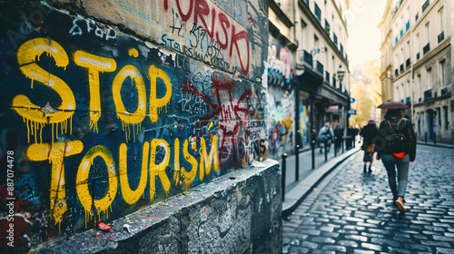 Stop tourism graffiti on a wall in a european city. Anti tourism concept