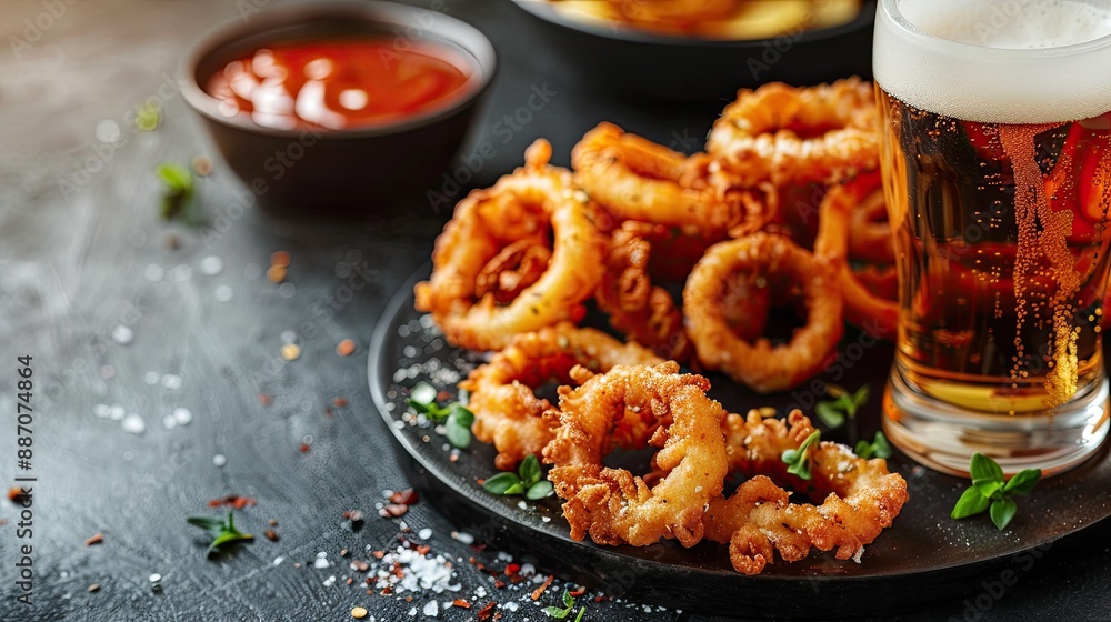 Homemade Onion Rings with Blooming Sauce and glass of beer Selective focus Homemade Onion Rings with Blooming Sauce and glass of beer Selective focus