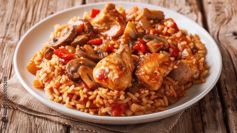 Stewed chicken with sauce mushrooms paprika and rice in a white plate Risotto with chicken served on a wooden table close up