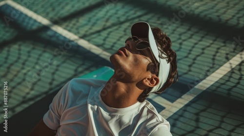 Man in white tshirt and sun visor resting at the tennis courts photo