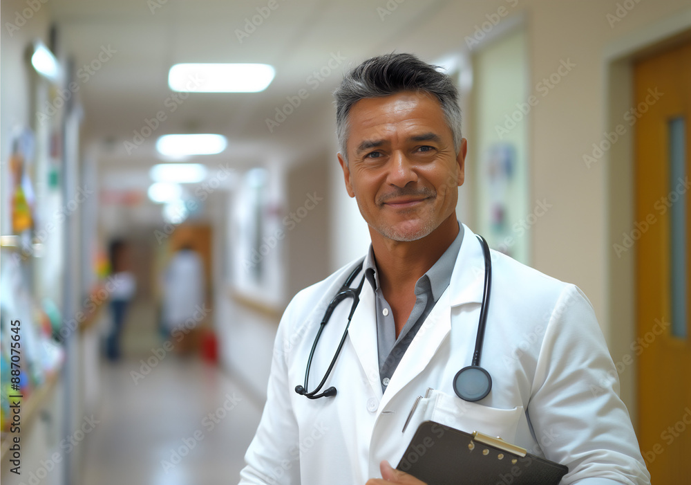 Portrait of professional and handsome male doctor standing in hospital corridor, wearing lab coat and stethoscope, copy space Portrait of professional and handsome male doctor standing in hospital corridor, wearing lab coat and stethoscope, copy space