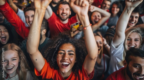 A diverse crowd of enthusiastic fans celebrates a victory with joyous expressions and raised arms, showcasing the electrifying energy of a stadium filled with excitement