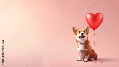 Cute corgi dog with a heart shaped balloon on pink panoramic background, fun love and Valentine's day web banner with copy space