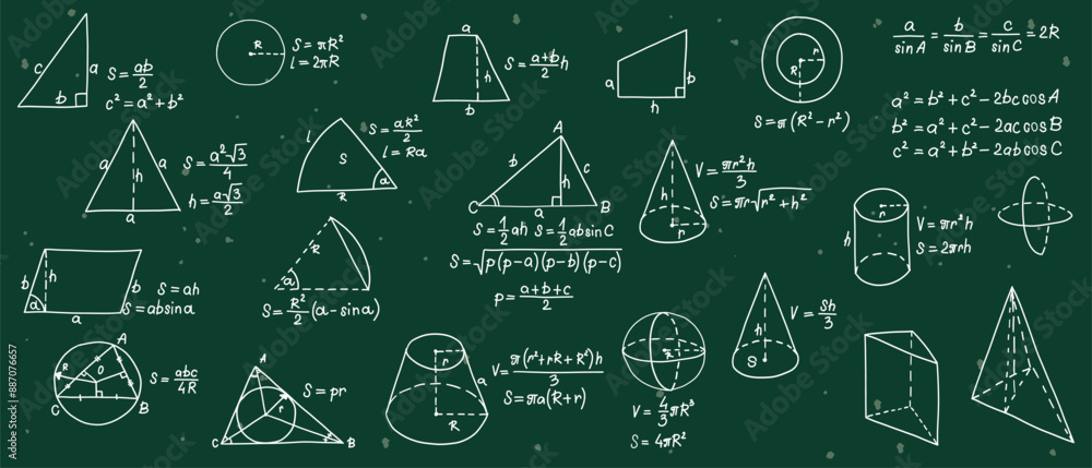 Mathematics formulas set. Hand drawn math geometry formulas. School green board with sketch symbols icon in flat style. Education concept. Isolated vector illustration Mathematics formulas set. Hand drawn math geometry formulas. School green board with sketch symbols icon in flat style. Education concept. Isolated vector illustration