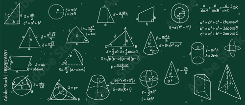 Mathematics formulas set. Hand drawn math geometry formulas. School green board with sketch symbols icon in flat style. Education concept. Isolated vector illustration