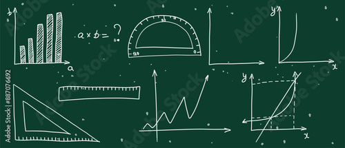 Mathematics set. Hand drawn math geometry, algebra elements. School green board with sketch symbols icon in flat style. Education concept. Isolated vector illustration