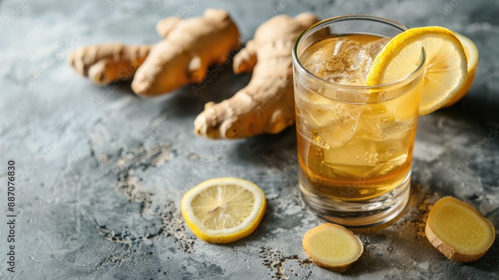 Refreshing ginger-lemon drink with ice and fresh lemon slices Refreshing ginger-lemon drink with ice and fresh lemon slices