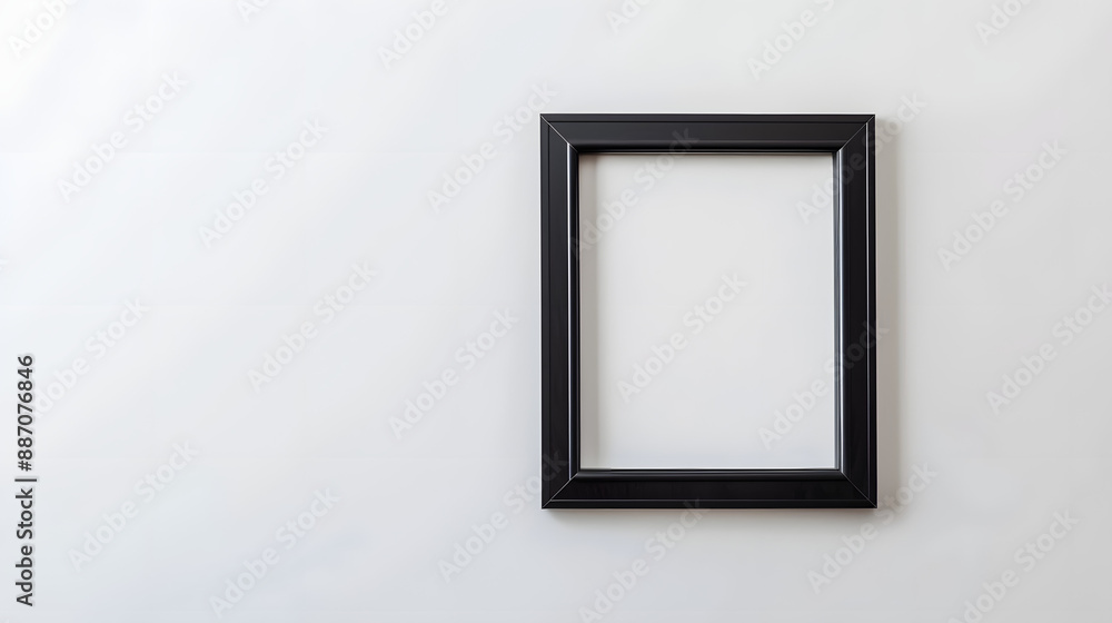 Minimalist black frame on a white wall: a simple and elegant empty picture frame ready for artwork or photography display in a modern interior. Minimalist black frame on a white wall: a simple and elegant empty picture frame ready for artwork or photography display in a modern interior.