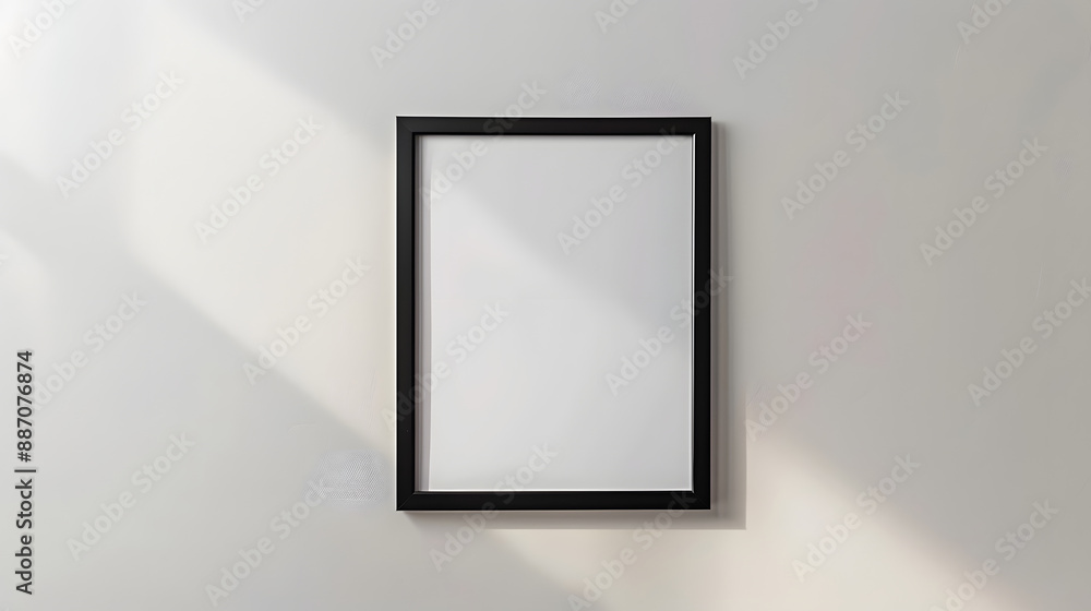 Minimalist black frame on a white wall: a simple and elegant empty picture frame ready for artwork or photography display in a modern interior. Minimalist black frame on a white wall: a simple and elegant empty picture frame ready for artwork or photography display in a modern interior.