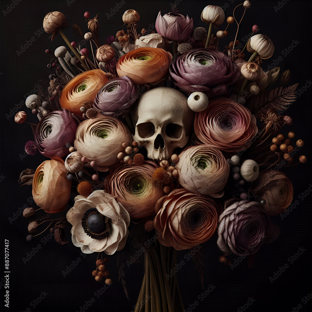 A bouquet of flowers with a skull A bouquet of flowers with a skull
