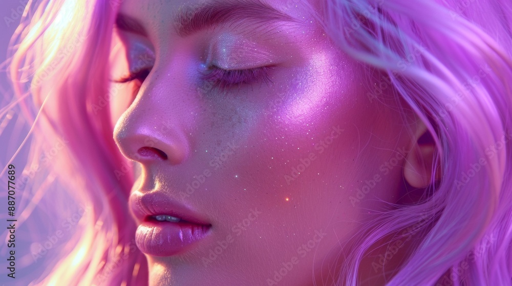 A woman with purple hair and glittery makeup A woman with purple hair and glittery makeup