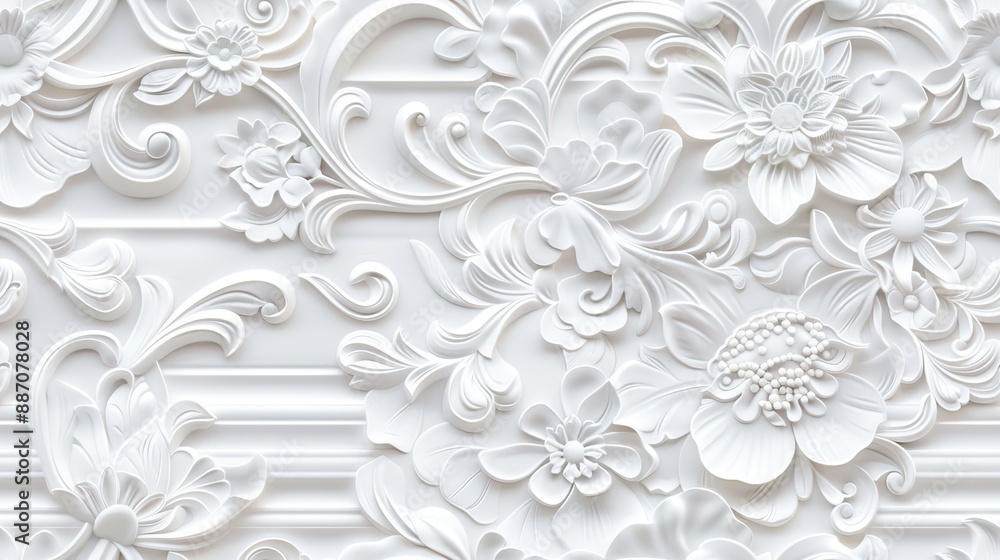 An ornate design of silver flowers and swirls against a white background SEAMLESS PATTERN An ornate design of silver flowers and swirls against a white background SEAMLESS PATTERN