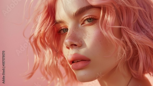 A woman with pink hair and makeup is standing in front of a pink background