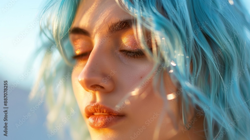 A woman with blue hair and blue eyes is looking at the camera A woman with blue hair and blue eyes is looking at the camera