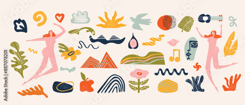 A set of trendy doodles and abstract nature icons on an isolated white background. A large summer collection, unusual organic shapes in the matisse style by hand. Includes a set of people, floral art 
