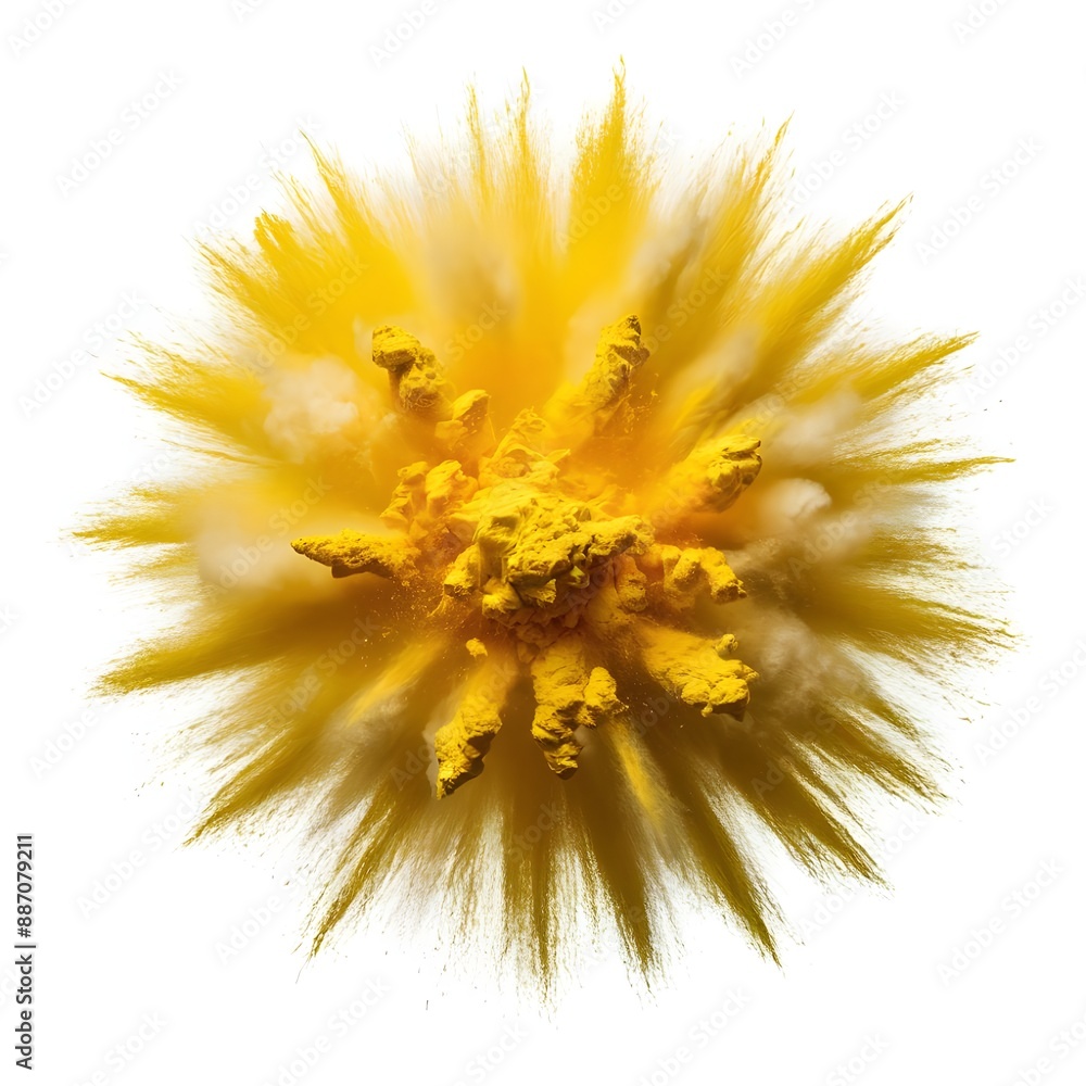 Splash explosion of yellow powder on white background Splash explosion of yellow powder on white background
