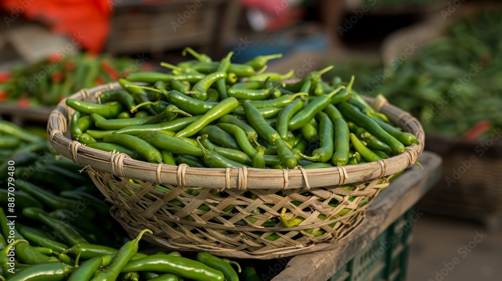 A woven basket overflowing with fresh green chillies sits on a wooden crate, ready for sale at a vibrant market A woven basket overflowing with fresh green chillies sits on a wooden crate, ready for sale at a vibrant market