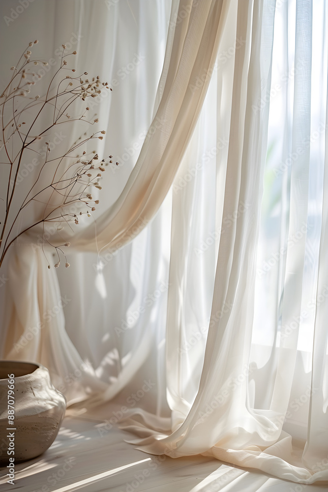 Elegant Window with Soft, Flowing Curtains Allowing Gentle Natural Light into a Serene Interior Elegant Window with Soft, Flowing Curtains Allowing Gentle Natural Light into a Serene Interior
