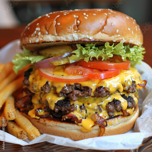 A double smash burger with cheese, lettuce, onion, tomato, and dressing, served with fries as a side dish  Porcelain plate 