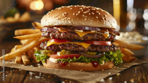 A double smash burger with cheese, lettuce, onion, tomato, and dressing, served with fries as a side dish