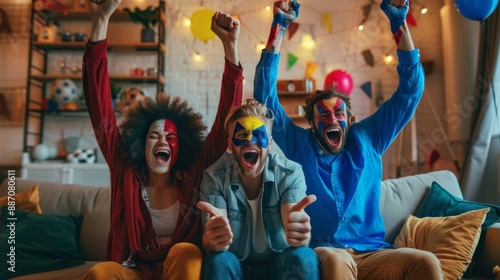 Three friends, painted with their team colors, watch a sporting event together at home, cheering and celebrating a victory photo