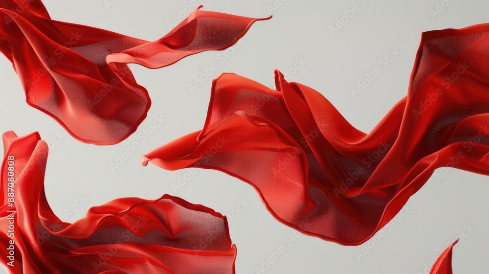 A group of red fabric pieces suspended in mid-air, creating a sense of movement and energy A group of red fabric pieces suspended in mid-air, creating a sense of movement and energy