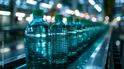 Factory setup for water bottling, processing pure spring water into small bottles on the production line. Selective focus.