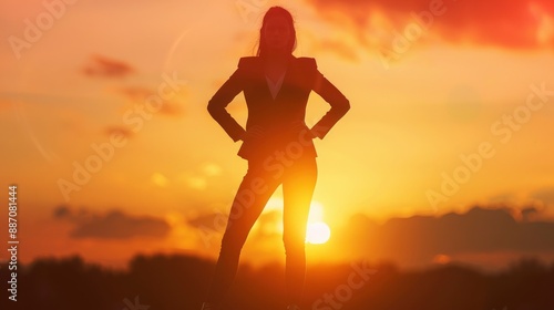 Silhouette of a super strong successful businesswoman, standing tall against a sunset