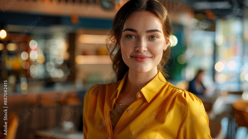 Smiling young businesswoman in a yellow blouse looking at the camera while standing in a coworking space Smiling young businesswoman in a yellow blouse looking at the camera while standing in a coworking space
