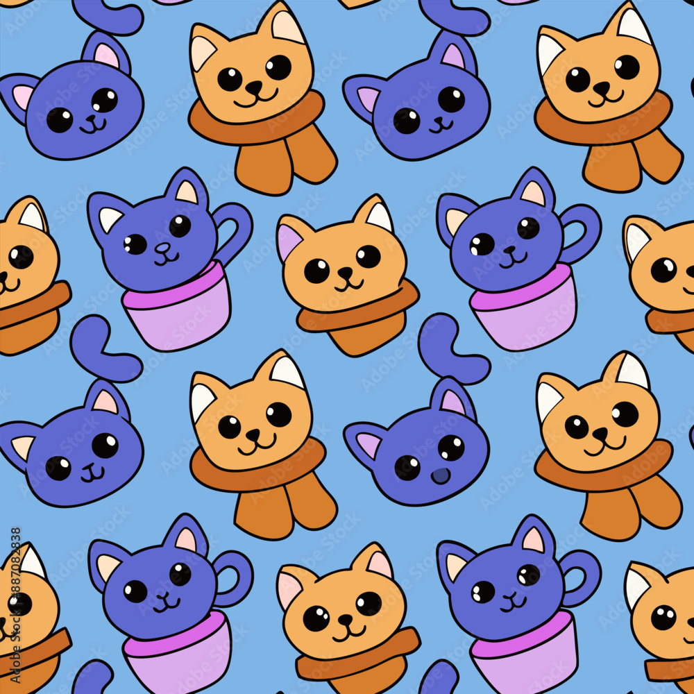 Seamless Pattern of Cute Kitty Faces, Food, and Hobbies for Fabric, Cover, and Packaging Seamless Pattern of Cute Kitty Faces, Food, and Hobbies for Fabric, Cover, and Packaging