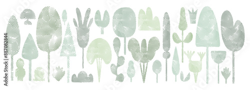 Abstract design halftone dot and floral pattern: vector leaves, palm shape, tropical plant. Modern geometric art featuring green vegetation, spring flower, vintage nature element for summer background