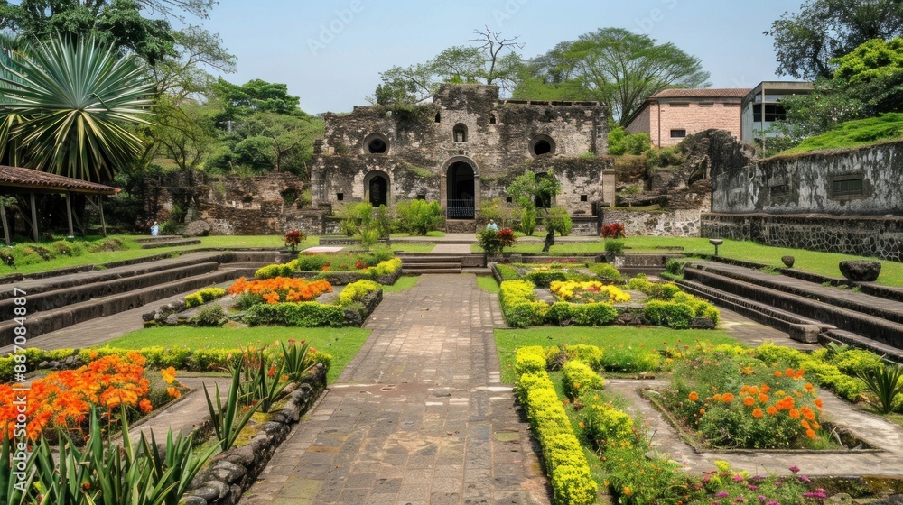 Fototapeta premium Historical ruins with well-maintained gardens in Costa Rica, showing the contrast between architecture and nature.