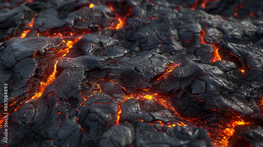 Detailed CloseUp of Dark Black Lava Surface with Glowing Red Cracks for Texture and Background Design Detailed CloseUp of Dark Black Lava Surface with Glowing Red Cracks for Texture and Background Design