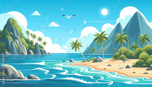 Summer sea or ocean beach landscape with blue water in tropical lagoon. Cartoon minimalist coastline scenery