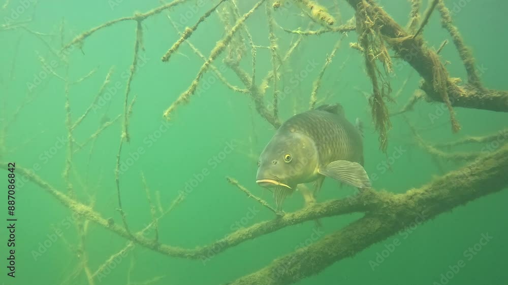 A common carp (Cyprinus carpio) swims through a submerged tree, close to the surface, and comes face-to-face with the camera. Check my portfolio for other carp footage. A common carp (Cyprinus carpio) swims through a submerged tree, close to the surface, and comes face-to-face with the camera. Check my portfolio for other carp footage.