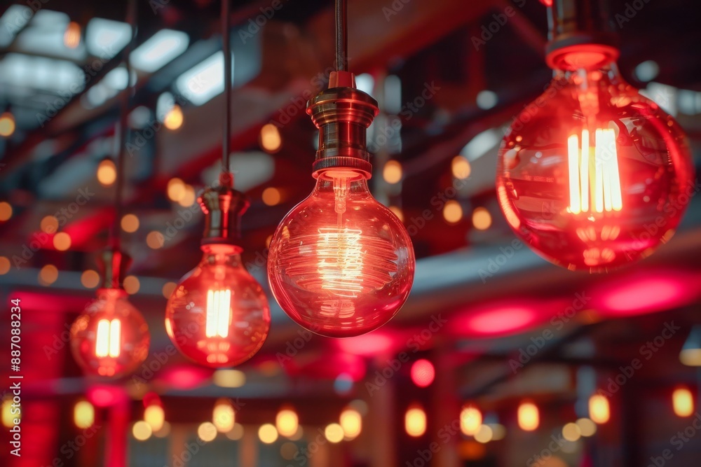 Red hanging lamps in a vibrant industrial setting, creating a warm and inviting atmosphere for social interactions. Red hanging lamps in a vibrant industrial setting, creating a warm and inviting atmosphere for social interactions.