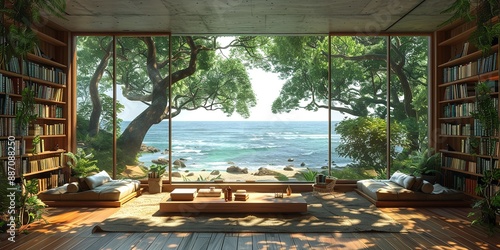 A welcoming home office library with large windows offering serene views of nature in soft sunlight, featuring an ocean beach scenery backdrop. The room includes a bookshelf in a modern decor, suita.