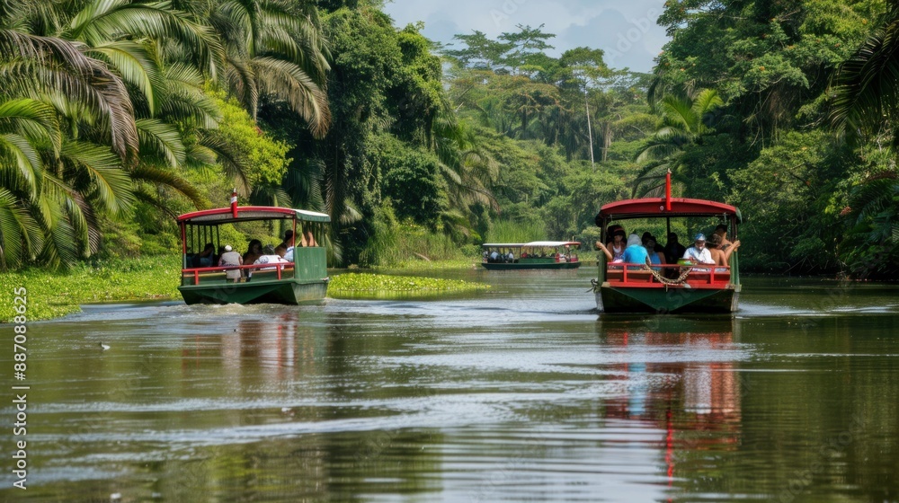 Naklejka premium Tourists enjoying a guided boat tour through the lush canals National Park, surrounded by dense tropical vegetation.