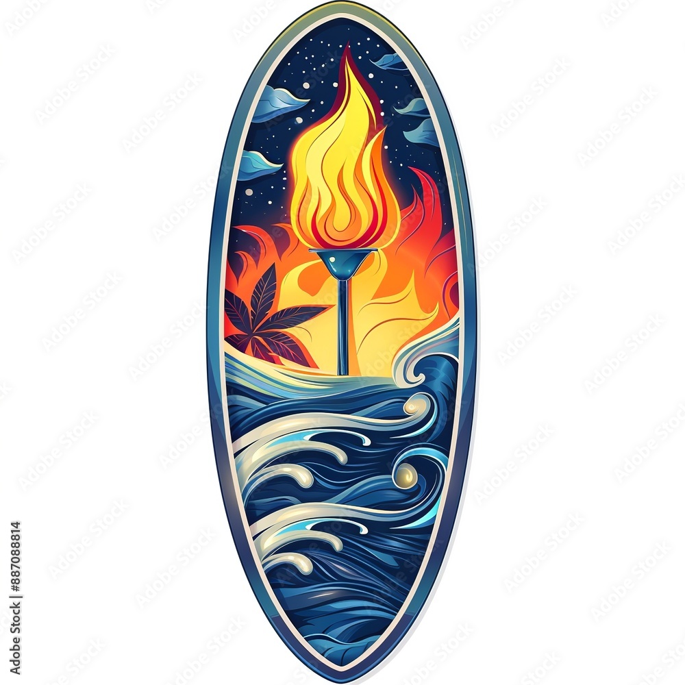 Surfboard with Olympic flame. Tropical style logo, Template for sticker or bookmark Surfboard with Olympic flame. Tropical style logo, Template for sticker or bookmark