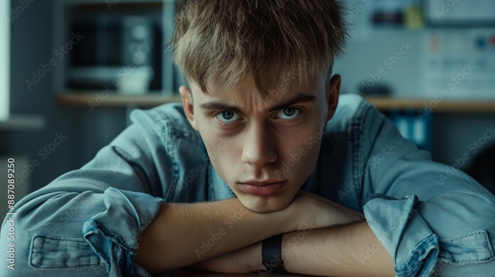 Obraz premium Portrait of a Pensive Young Man in Casual Denim Shirt with Short Blond Hair at Home Office Setting