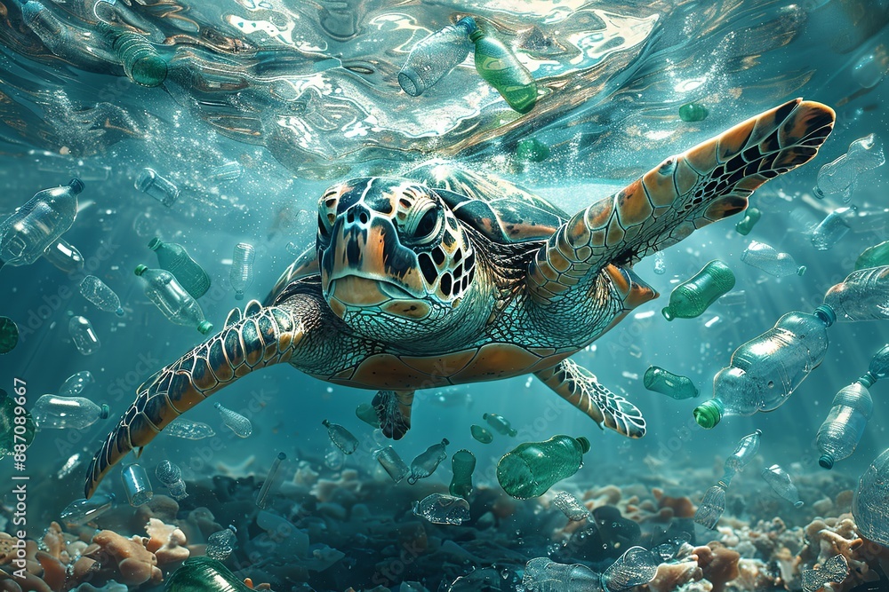 Obraz premium A sea turtle swimming in an ocean filled with plastic bottles, illustrating the concept of marine pollution and its impact on the environment, animals, and wildlife.