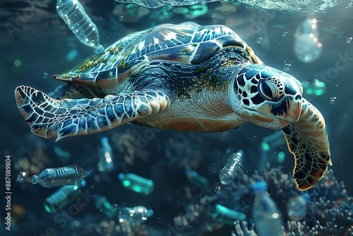 A sea turtle swimming in an ocean filled with plastic bottles  illustrating the concept of marine pollution and its impact on the environment  animals  and wildlife.