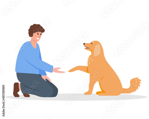 Young man with dog. Cute dog giving paw to man. Happy Pet and owner. Pet adoption, charity, care and love concept. Vector illustration isolated on white background.