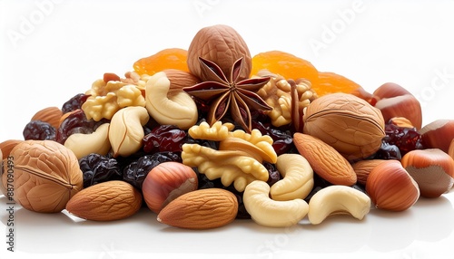 mix of nuts and dry fruits isolated on a white transparent background almonds walnuts hazelnuts and raisons on a pile healthy food photo