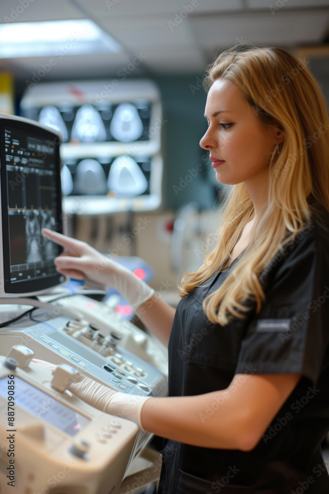 A Focused Examination: A Female Nurse Conducts an Ultrasound Scan in a Modern Medical Setting A Focused Examination: A Female Nurse Conducts an Ultrasound Scan in a Modern Medical Setting