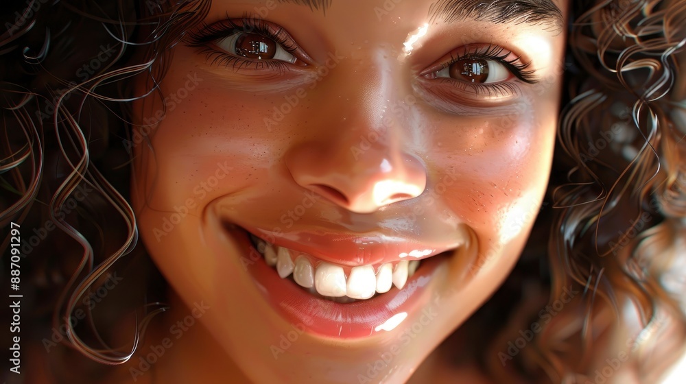Close-up portrait of a beautiful female creative specialist, with curly hair, smiling brightly Close-up portrait of a beautiful female creative specialist, with curly hair, smiling brightly