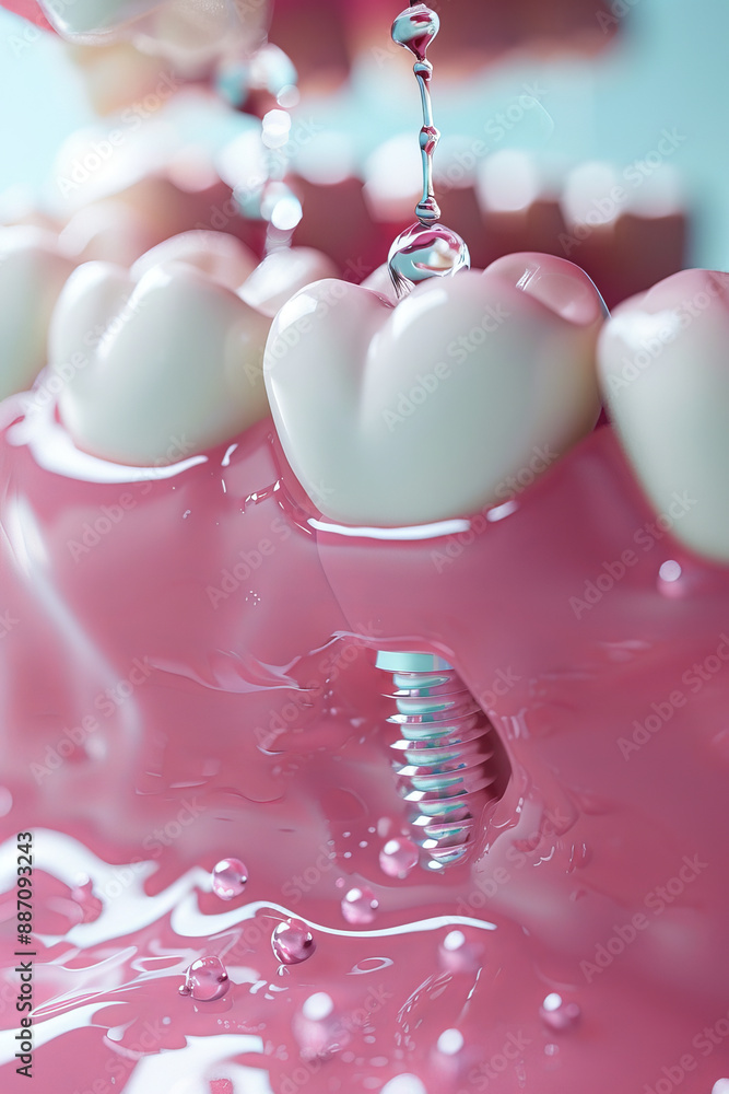 Fototapeta premium image of a gum with teeth and a tooth being implanted, 3d image render.generative ai